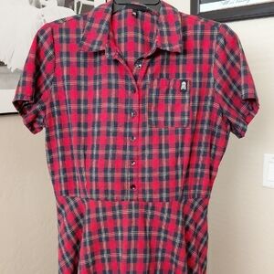 SOURPUSS EUC 3X RED/GOLD TARTAN SKATER DRESS/POCKETS SHORT SLEEVES